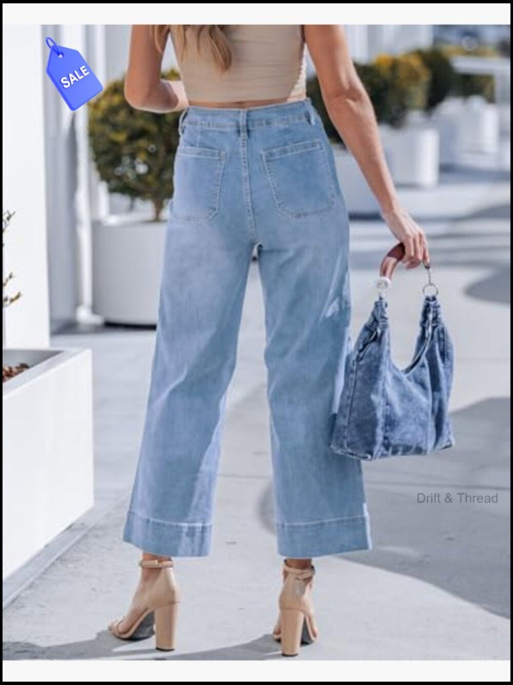 Wide Leg Cropped High Waist Distressed Stretch Denim Jeans Women Trendy - Picture 3 of 7